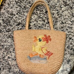 Charming Vintage Tan Woven Tote Bag with Embroidered Duck